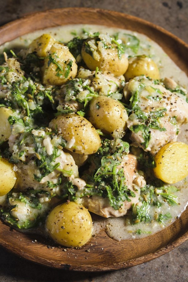 Vermouth-braised chicken and potatoes with fennel