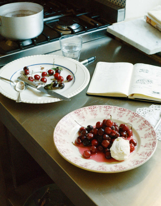 Vermouth poached cherries and mascarpone