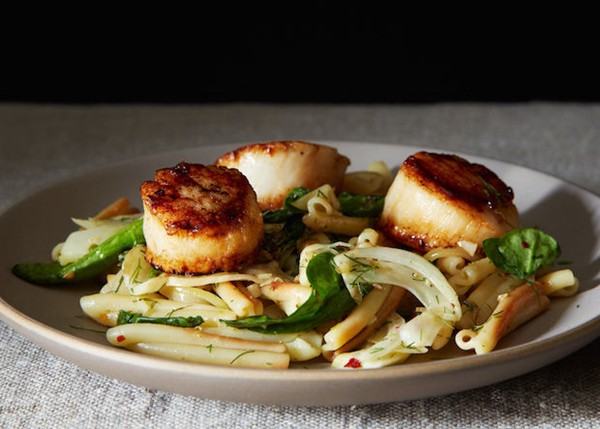 Vernal greens pasta with seared scallops