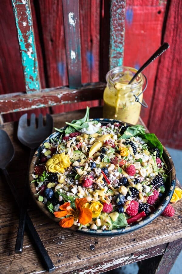 Very berry dream salad with chili mango and peanut vinaigrette