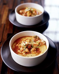 Very soft polenta with rock shrimp ragout