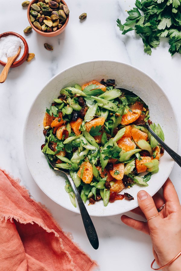Vibrant celery salad with dates & pistachios