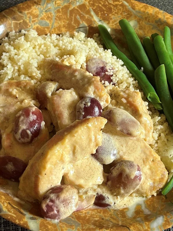 Vicki's chicken and grapes with creamy mustard sauce and couscous