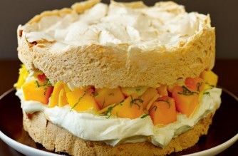 Victoria 'meringue' sponge with mango & lime, & a vanilla 'cream' filling