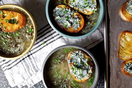 Vidalia onion soup with wild rice and blue cheese