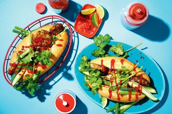 Vietnamese baguette with fried fish cakes and Sriracha (Banh mi cha ca)
