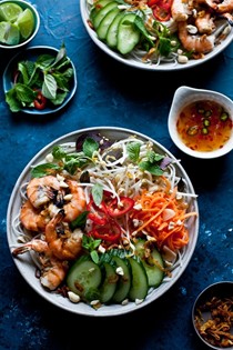 Vietnamese BBQ shrimp noodle (Bun tom heo nuong)