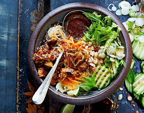 Vietnamese bun cha with sticky, spicy tofu