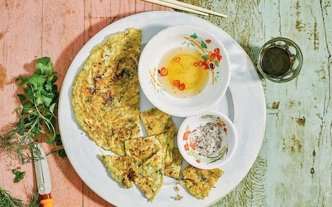 Vietnamese herb omelette with herbs and chilli
