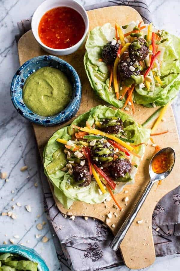 Vietnamese meatball lettuce wraps with mango salad + cilantro-basil cashew sauce