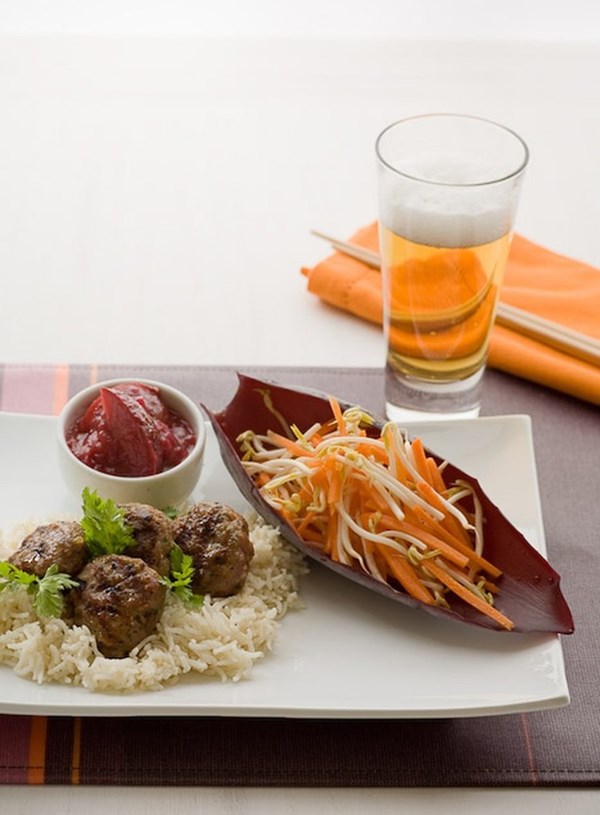 Vietnamese pork burgers with fresh plum chutney