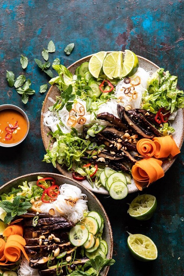 Vietnamese rice noodle salad with mushrooms and spicy peanut vinaigrette