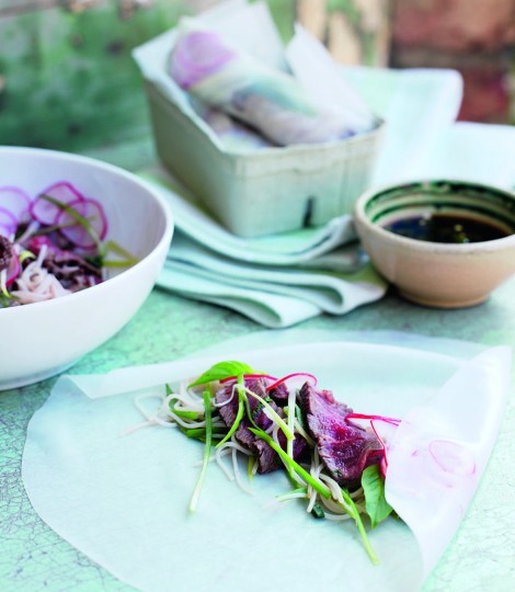 Vietnamese rolls with radishes and seared beef