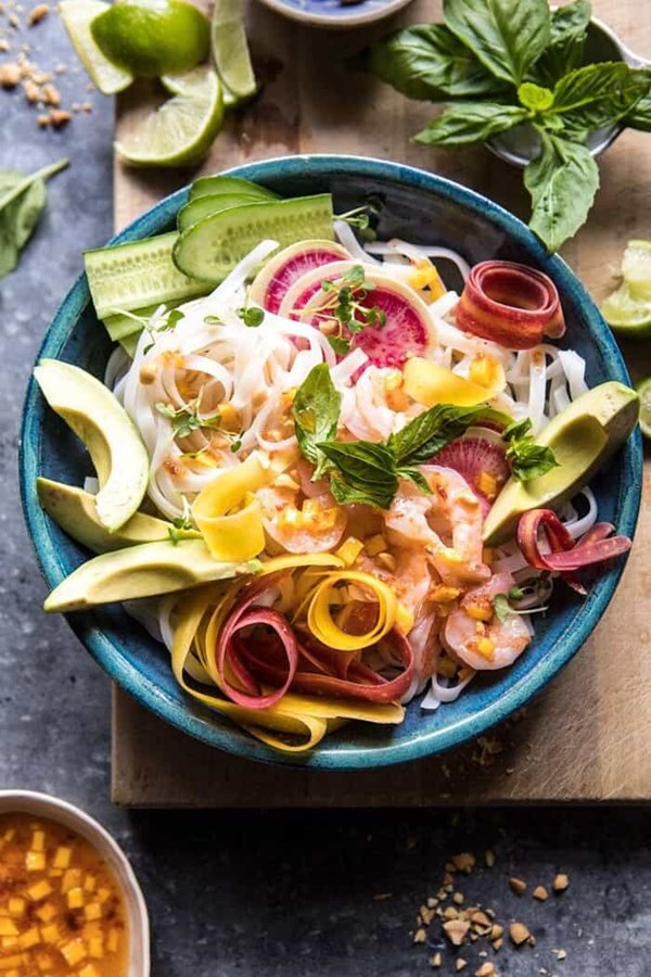 Vietnamese shrimp spring roll bowl with sweet chili mango sauce