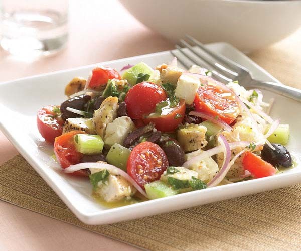 Village-style Greek salad with chicken & lemon-mint vinaigrette