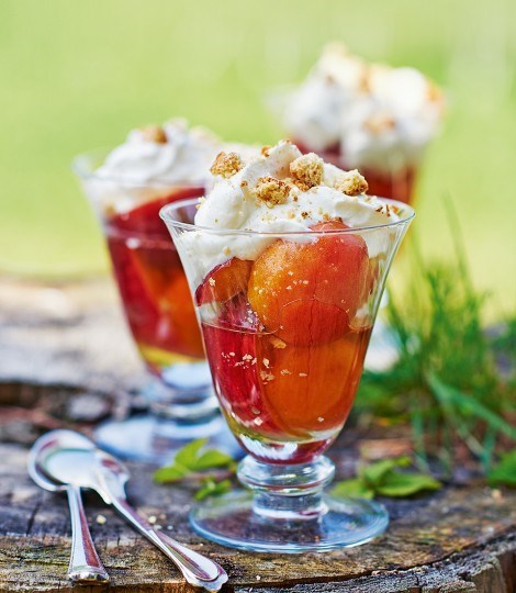 Vin santo-soaked stone fruit with whipped honey ricotta and cantuccini biscuits