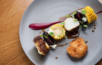 Vindaloo-spiced monkfish with sweetcorn and beetroot