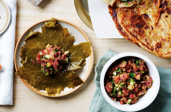 Vine leaves with tuna and finger lime