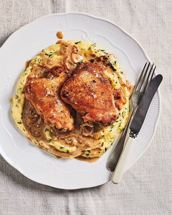 Vinegar-braised chicken with herby polenta 