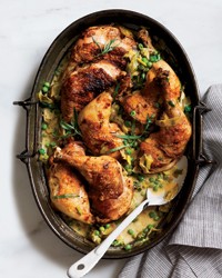 Vinegar-braised chicken with leeks and peas