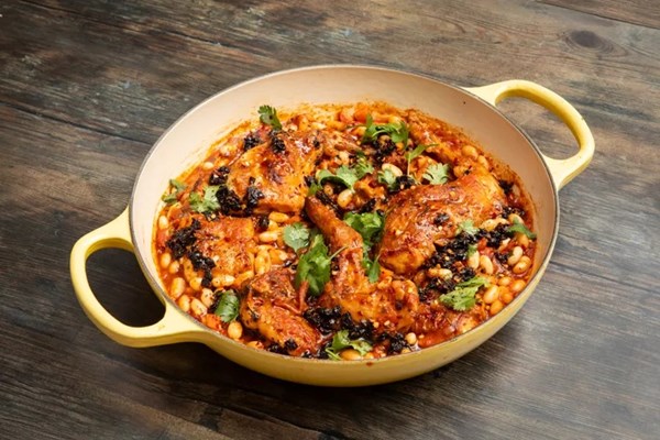 Vinegar-braised rabbit with white beans and root vegetables