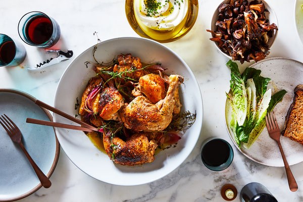 Vinegar chicken with crisp roasted mushrooms