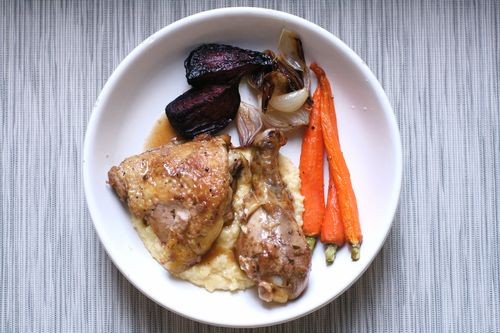 Vinegar glossed chicken with oven-roasted vegetables