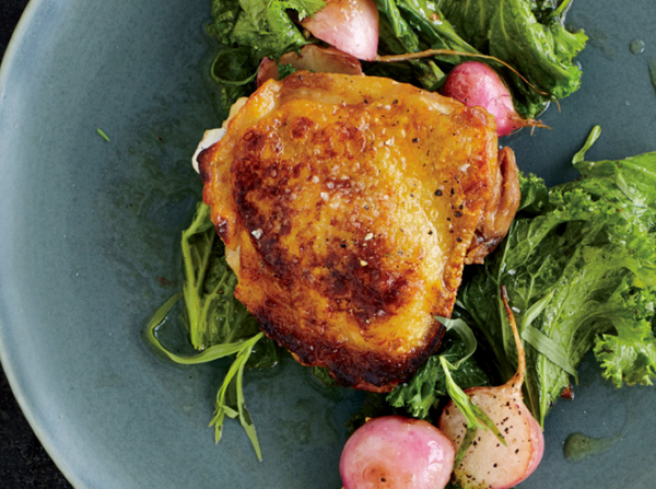 Vinegar-marinated chicken with buttered greens and radishes