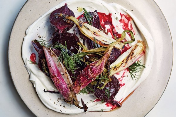 Vinegar-roasted beets with spring onions and yoghurt
