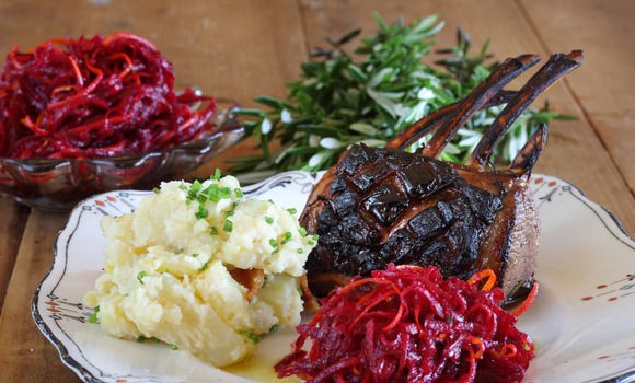 Vino cotto lamb rack with waxy potato, pancetta, beetroot and orange salad