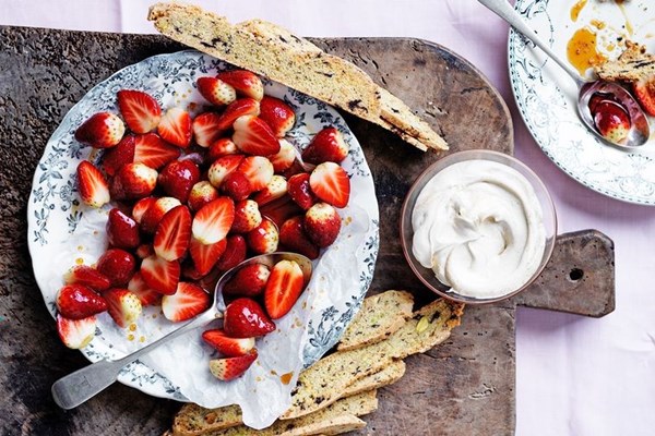 Vino cotto strawberries with pistachio biscotti