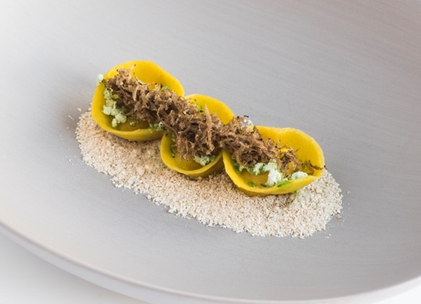 Vinschger cheese tortellini, pine oil, truffle and barley