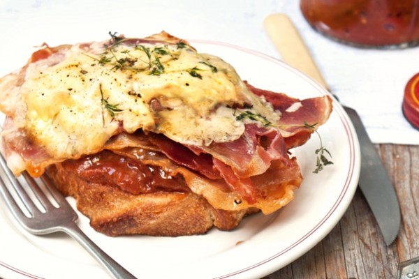 Vintage cheddar & prosciutto toasties with spicy tomato & eggplant relish