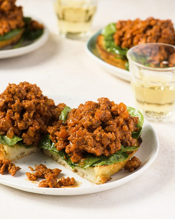 Vivian Howard's sloppy Joe toasts with spinach salad