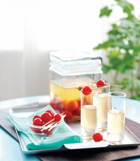 Vodka cherry tomatoes with iced vodka shots