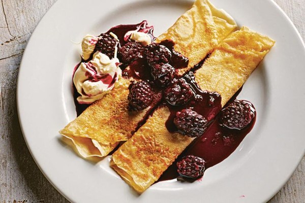 Vodka lemon drizzle pancakes with blackberry compote