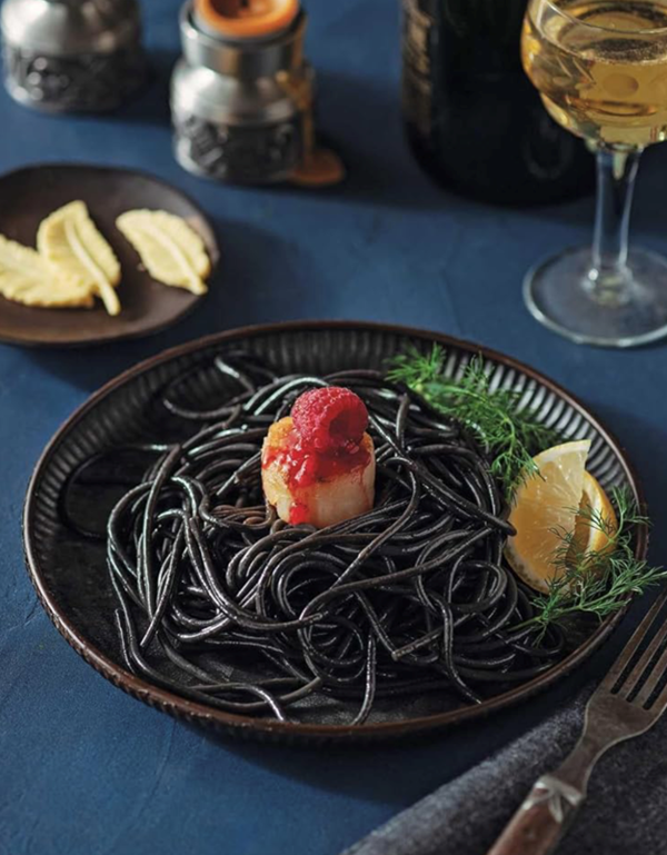 Vulture-eye pasta: squid ink pasta with pan-seared scallops and raspberry sauce