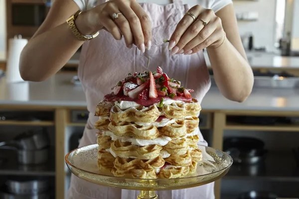 Waffle cake with rhubarb compote & strawberries