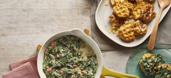 Waffle iron smashed potatoes with creamed spinach 