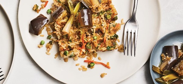 Waffled fried rice with silken braised eggplant