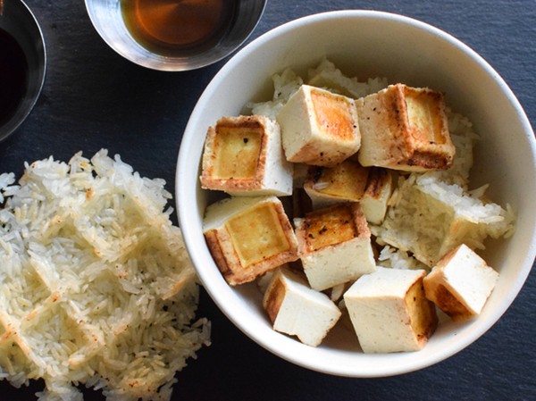 Waffled miso-sesame tofu with waffled sticky rice