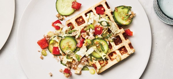 Waffled miso tofu with kasha salad