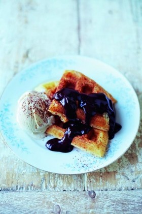 Waffles and chocolate sauce