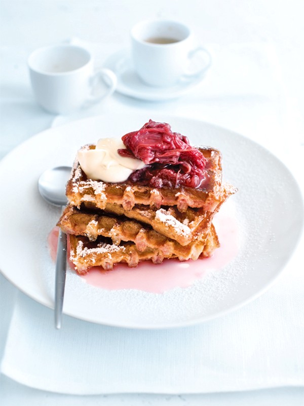 Waffles with baked rhubarb