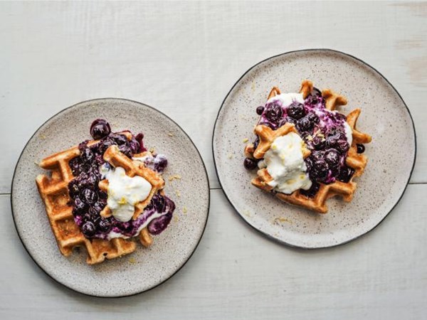Waffles with blueberry compote and lemon ricotta cream