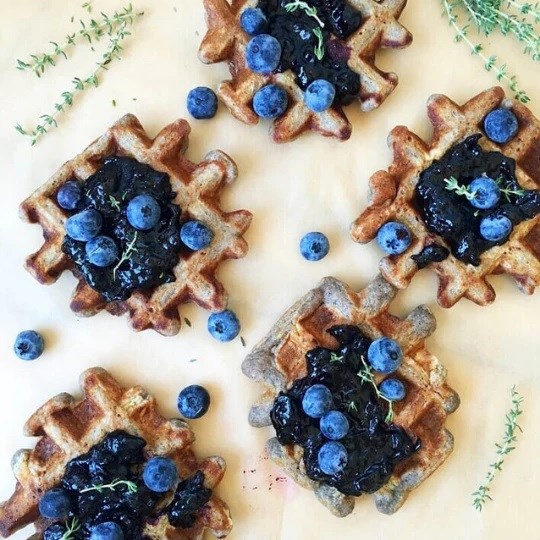 Waffles with blueberry thyme syrup