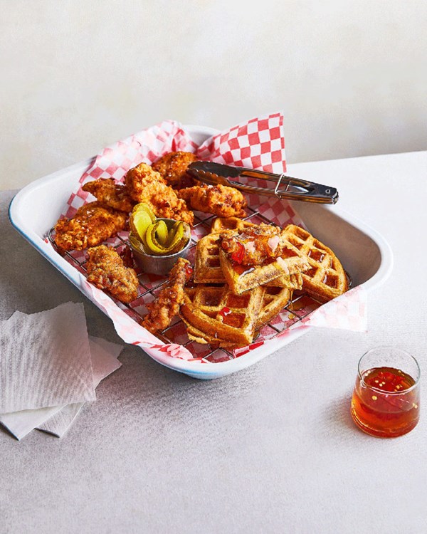 Waffles with buttermilk fried chicken and chilli honey drizzle 