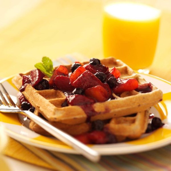 Waffles with peach-berry compote