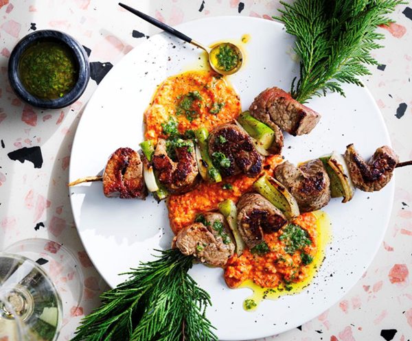 Wagyu and asparagus skewers with charred capsicum paste [Restaurant Botanic, SA]