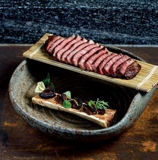 Wagyu beef sirloin, bone marrow and shiitake